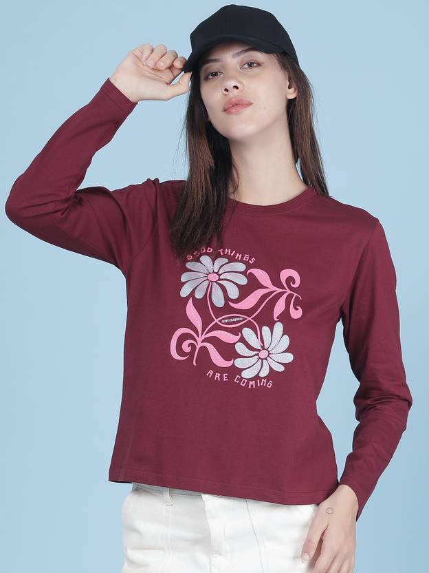 LIMEROAD Women Printed Round Neck Cotton Blend Maroon T-Shirt