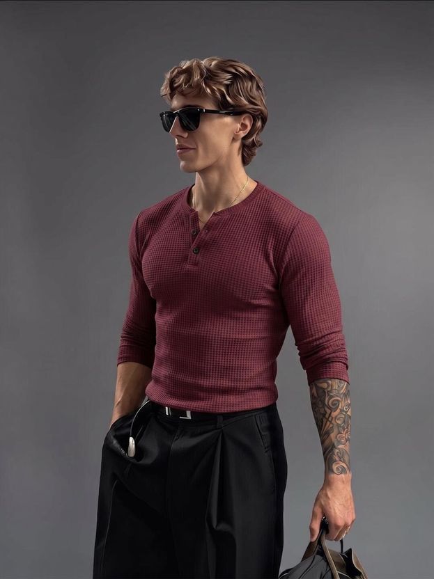RABLY Men Maroon Henley Neck T-Shirt - Image 4