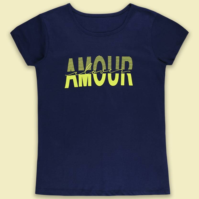 Wishkaro Women Graphic Print Round Neck Cotton Blend Dark Blue T-Shirt