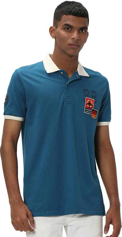 MUFTI Men Military Camouflage Polo Neck Pure Cotton Blue T-Shirt