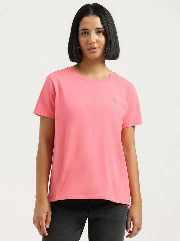 United Colors of Benetton Women Solid Round Neck Cotton Blend Pink T-Shirt