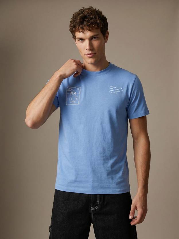 Glitchez Men Printed Round Neck Pure Cotton Blue T-Shirt