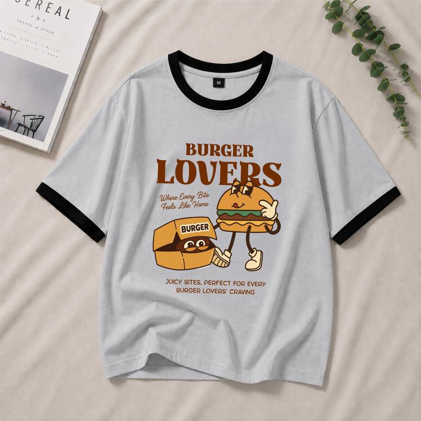 hkCreation Women Printed Round Neck Cotton Blend Grey T-Shirt