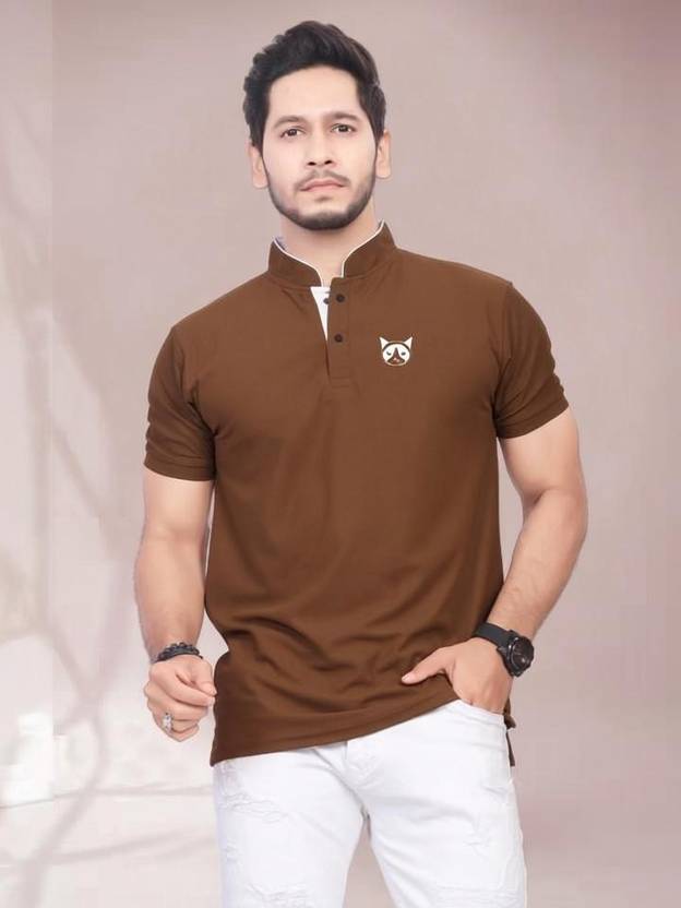 DivRa Clothing Men Printed Mandarin Collar Polycotton Brown T-Shirt