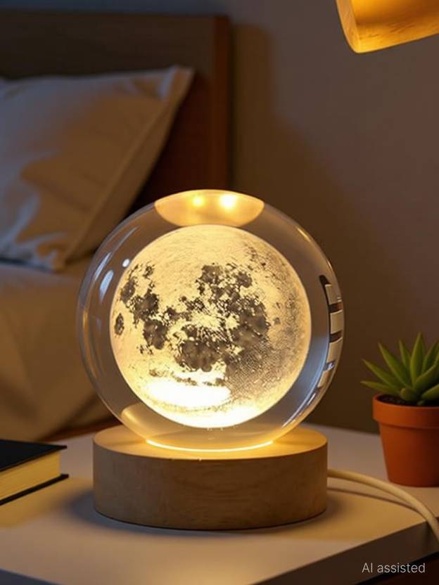 Divine Creations 3D Moon Crystal Ball with Wooden LED Base - Ideal Decor for Home or Workspace Night Lamp