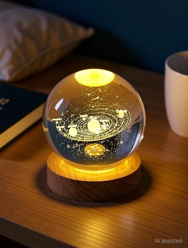 Divine Creations 3D Solar System Crystal Ball with Wooden LED Base - Ideal Decor for Home Night Lamp