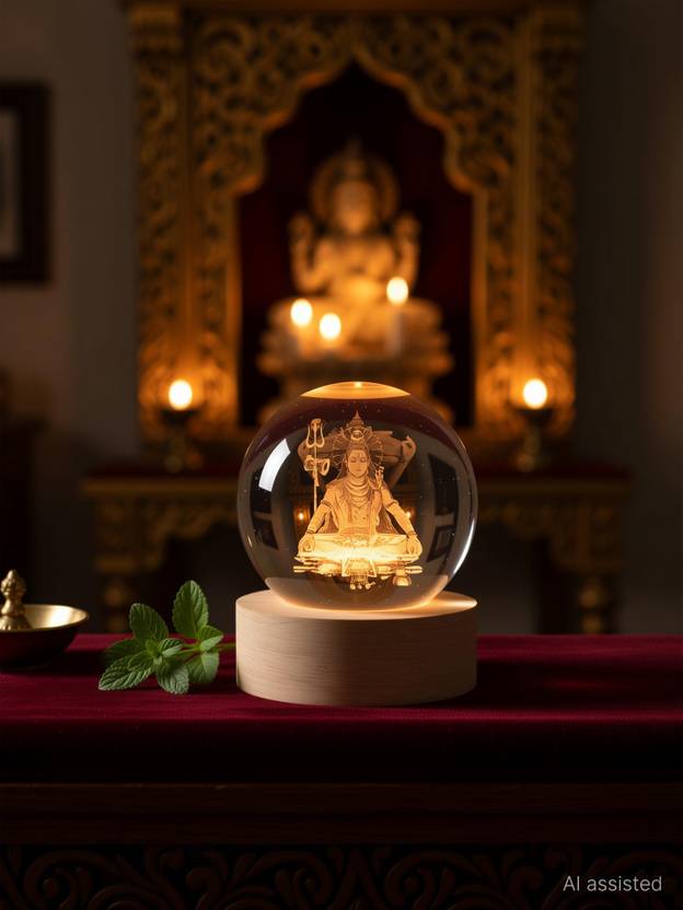 Divine Creations 3D Crystal Ball Lamp Shiva with Wooden LED Base - Perfect for your Home Night Lamp