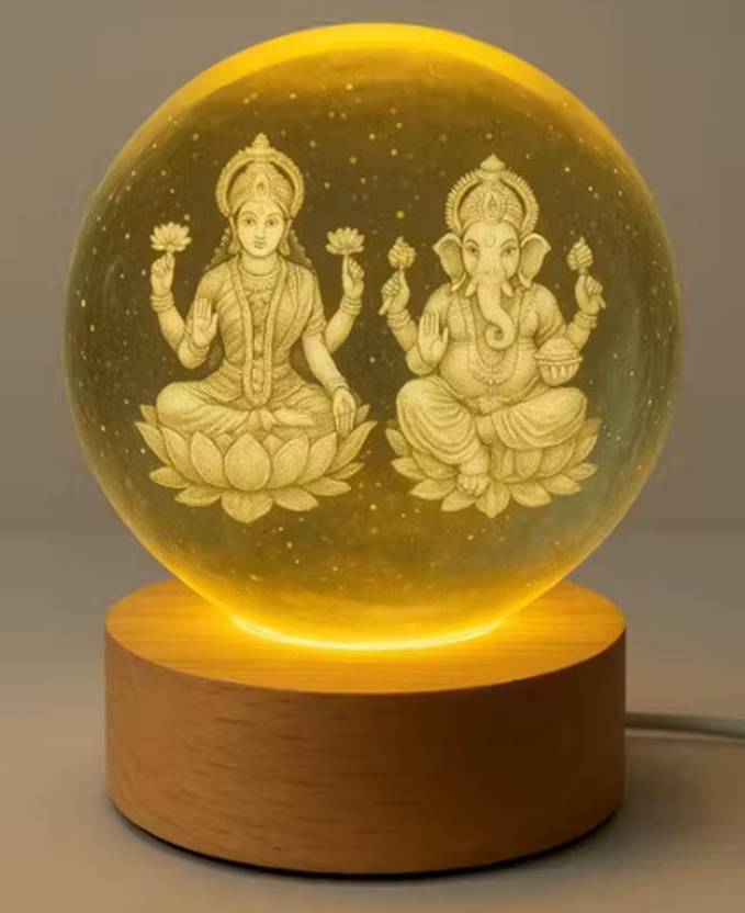 ADC ENTERPRISES Laxmi Ganesh 3D Crystal Ball Lamp with Wooden Base and LED Light Table Lamp