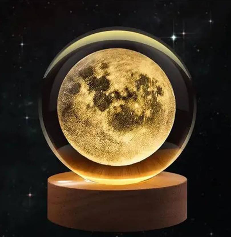 Baslash 3D moon Crystal Ball Night Light with Wooden Base Night Lamp