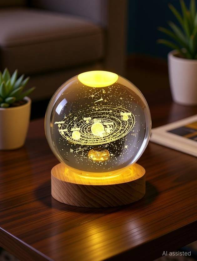 Divine Creations 3D Solar System Crystal Ball with Wooden LED Base - Ideal Decor for Home Table Lamp