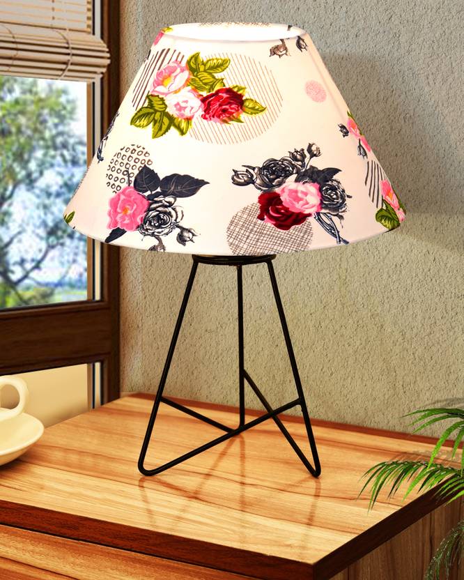 Homesake Retro Matt Black Table Lamp with Rose Fabric Shade, Bedside & Living Room Decor Table Lamp