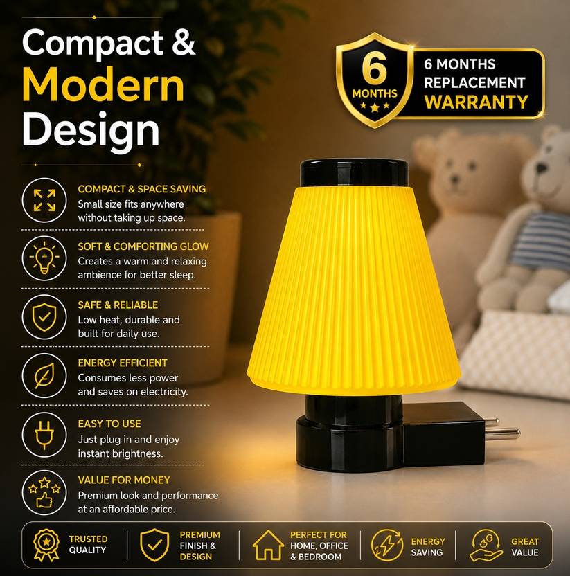 apexa Plug-in LED Night Lamp for Bedroom, Kids Room & Home Decor | Warm Yellow Light Night Lamp
