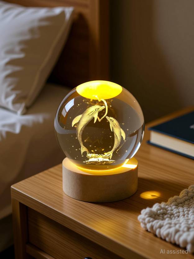 Divine creation 3D Galaxy Crystal Ball Dolphin Lamp with Wooden Base for Bedroom Decor Table Lamp