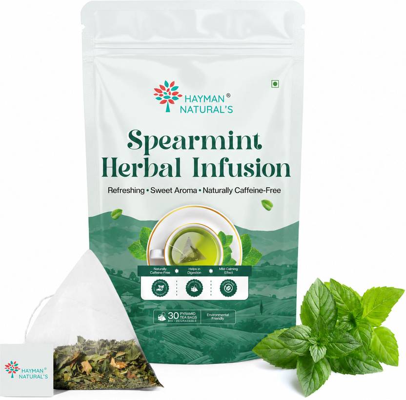 HAYMAN NATURAL'S Spearmint Herbal Infusion |PCOS Relief, Balance Hormones|30 Pyramid Herbal Tea Bags Pouch