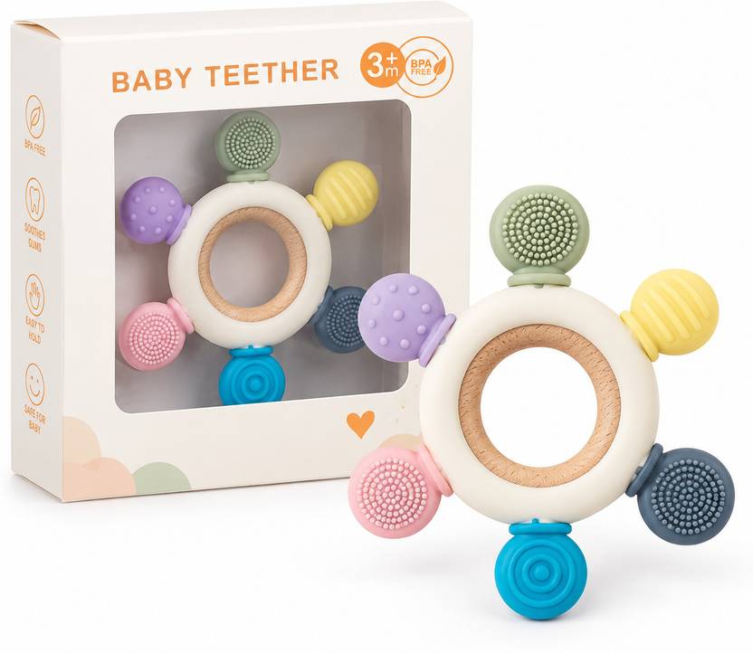 Luxella Baby Teether Toy Multi Texture Soft Gum Soothing Easy Grip Ring for Infants Teether