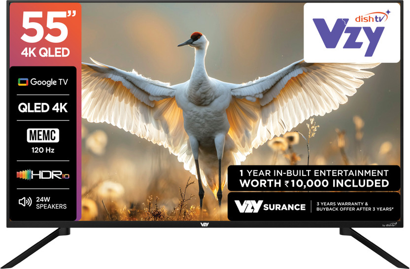 VZY by DishTV with DTH & OTT Subscription 140 cm (55 inch) QLED Ultra HD (4K) Smart Google TV 2026 Edition with 1-Year Premium Bundled Content Offering (200+DTH Channels & 18+OTTs- Amazon Prime Lite, Jio Hotstar, Sony Liv, Z5..) 3 Years Warranty MEMC HDR10 ALLM 2GB RAM, 32GB Storage 30W Speaker Dolby Audio Voice Assistant Remote Googlecast Built-in