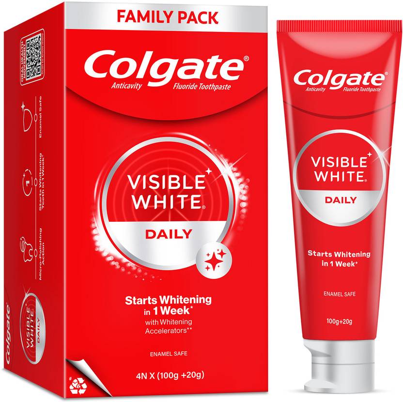 Colgate Visible White Tooth paste Teeth Whitening Starts in 1 week, Combo Pack of 4x120g Toothpaste