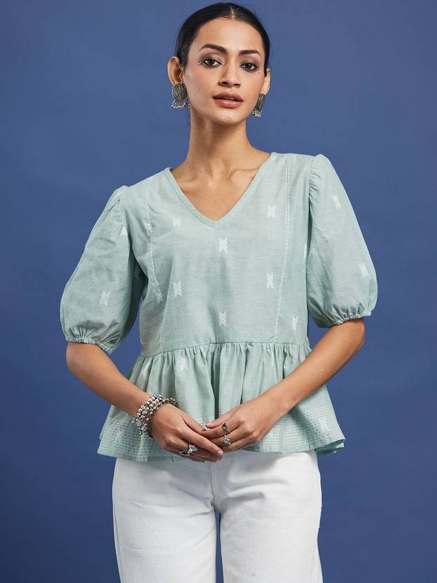 Taavi Casual Puff Sleeves Self Design Women Green Top