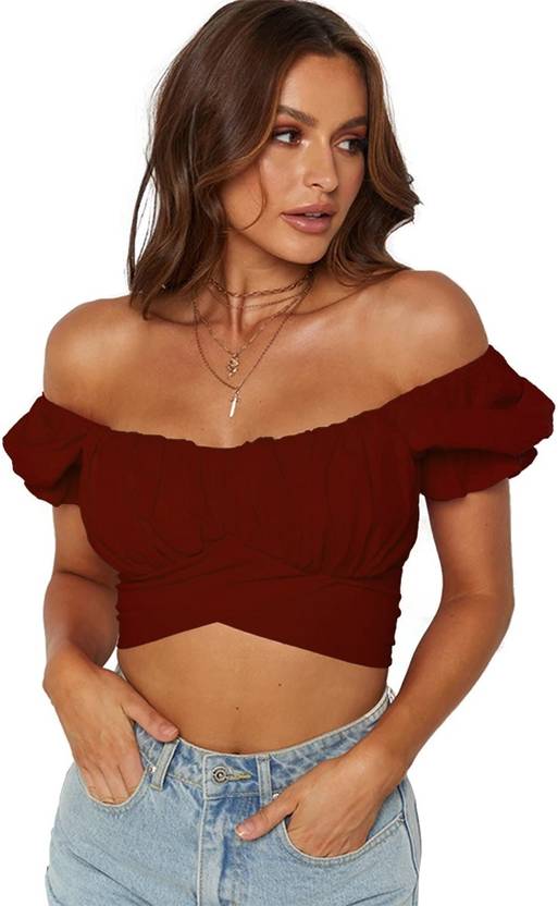 Sugathari Party Bishop Sleeve Solid Women Maroon Top