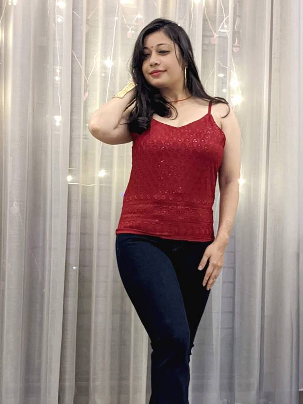 zebaish Party Noodle Straps Embellished Women Maroon Top