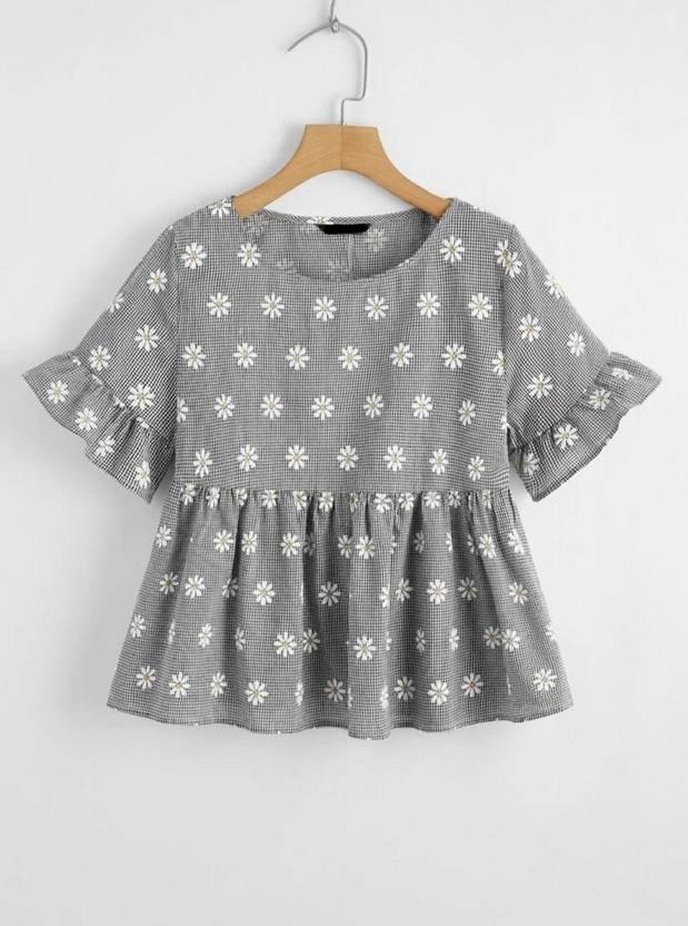 Maheshvi Casual Ruffled Sleeves Checkered, Printed Women Black, White, Beige Top