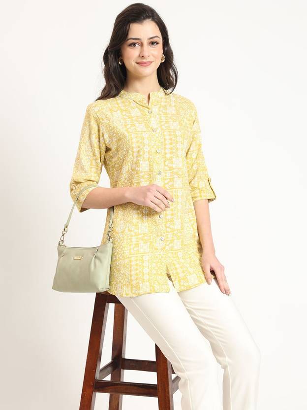 KALINI Party Roll Up Sleeves Printed Women Yellow Top