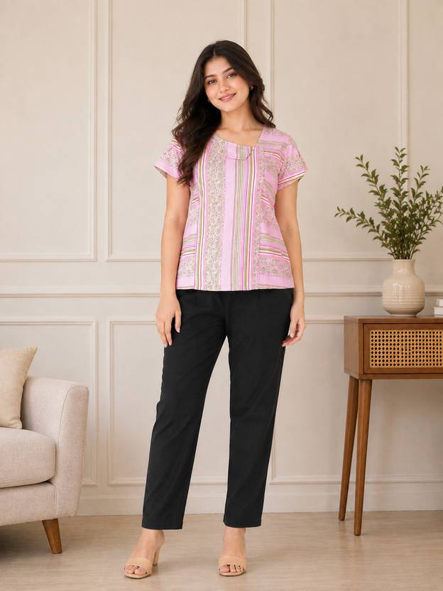 KALINI Casual Cap Sleeves Printed Women Pink Top