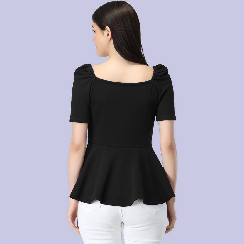 Casual Puff Sleeves Solid Women Black Top