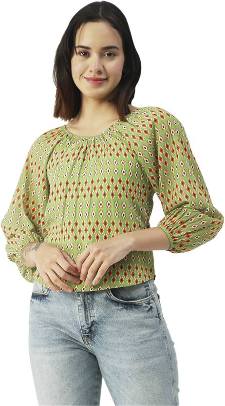 moomaya Casual Bishop Sleeve Printed Women Green Top
