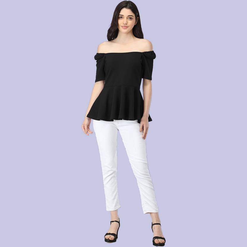 Casual Puff Sleeves Solid Women Black Top