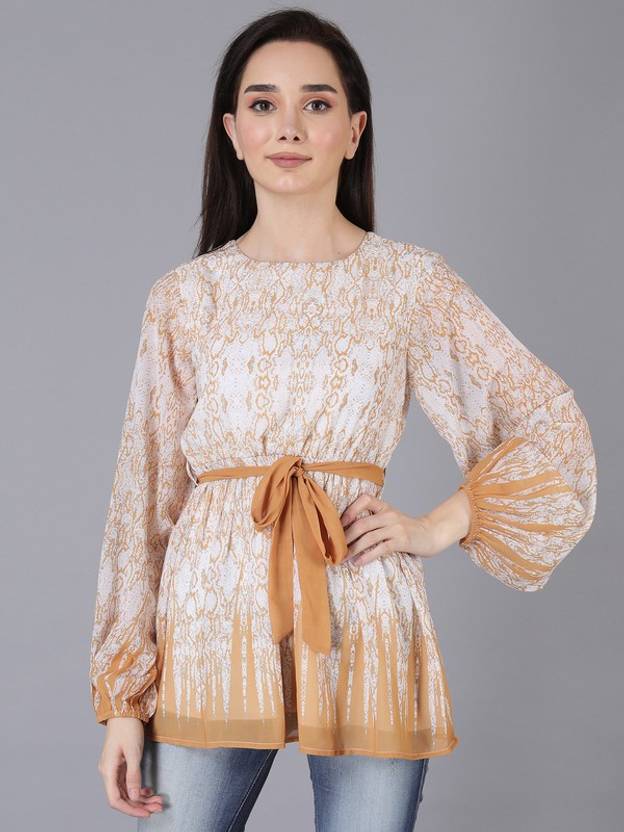 Jakanary Casual Bell Sleeves Floral Print Women Brown Top