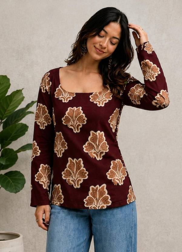 aaryan Casual Regular Sleeves Printed, Ethnic Motifs Women Maroon, Brown Top