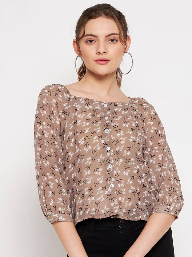 PURYS Casual Floral Print Women Brown Top