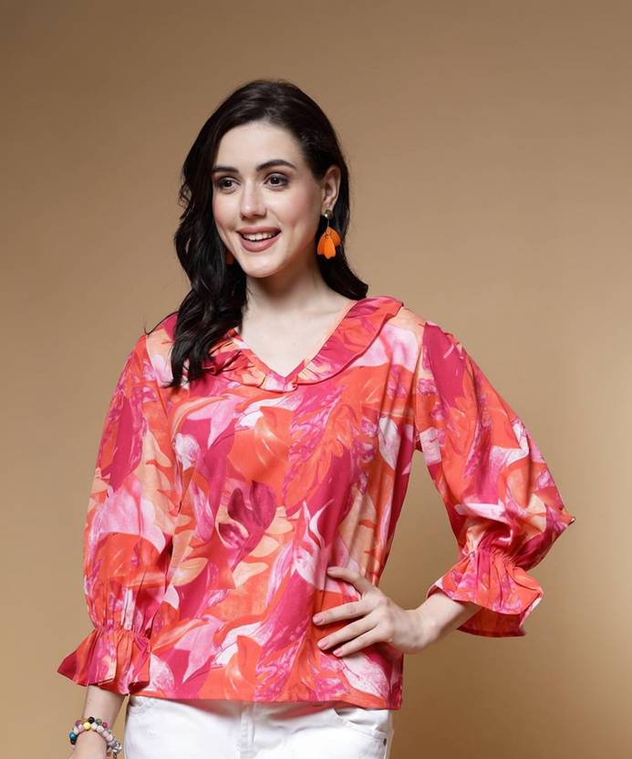 PLUSS Casual Puff Sleeves Printed Women Pink, White, Purple Top
