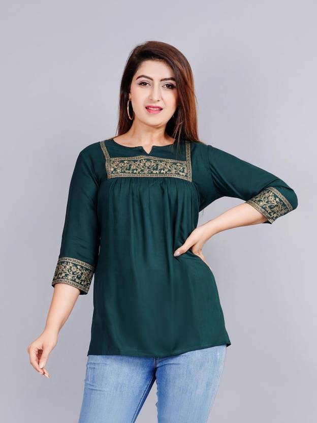 Brijam Casual Regular Sleeves Embroidered Women Dark Green Top