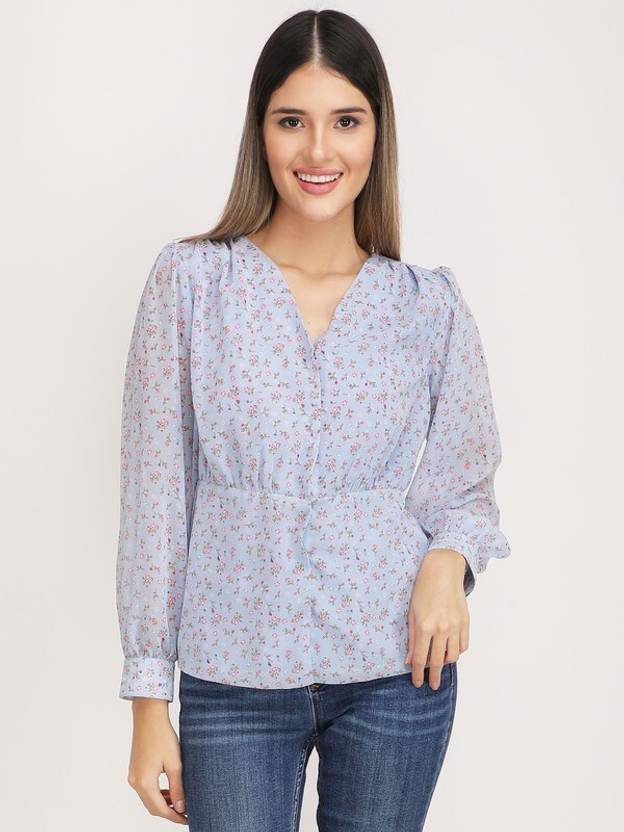 Jakanary Casual Bell Sleeves Floral Print Women Blue Top