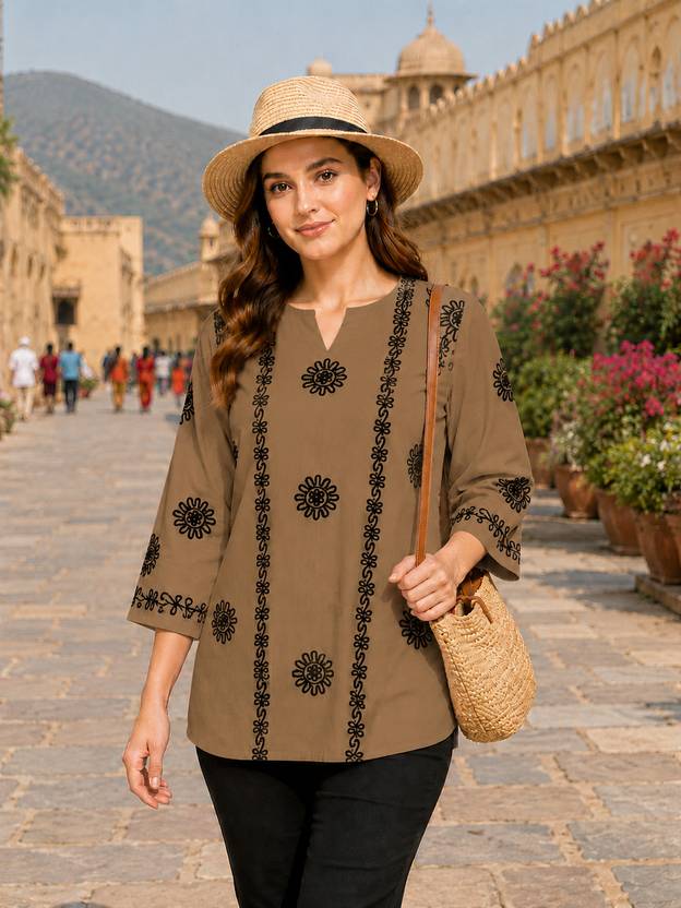 NAIDA Casual Regular Sleeves Embroidered Women Brown Top