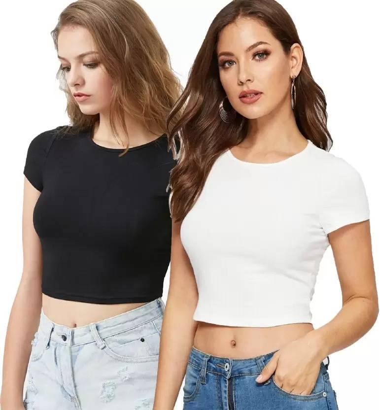 Pack of 2 Casual Regular Sleeves Solid Women Black, White Top
