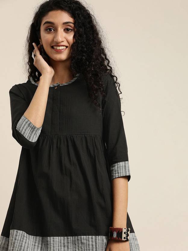 Taavi Casual Regular Sleeves Solid, Striped Women Black Top