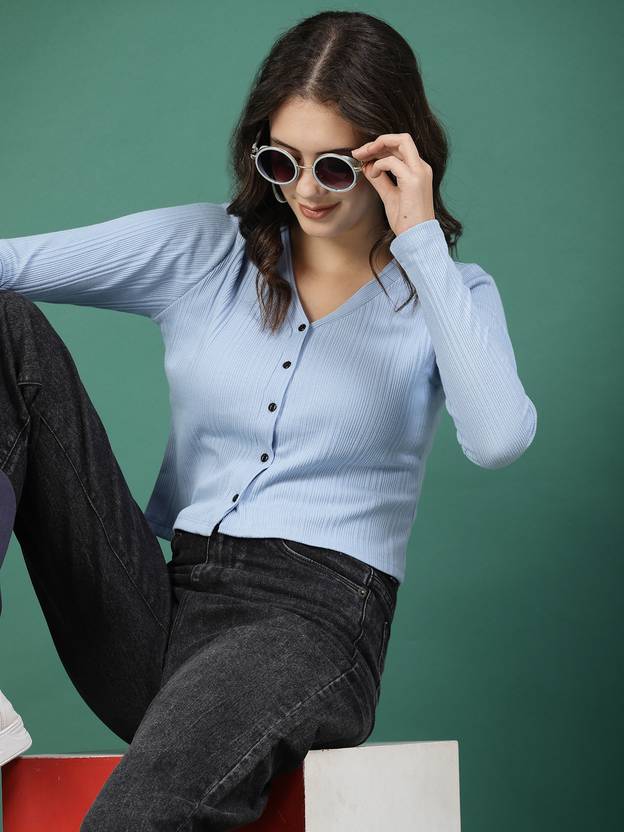 RIGO Casual Regular Sleeves Self Design Women Blue Top