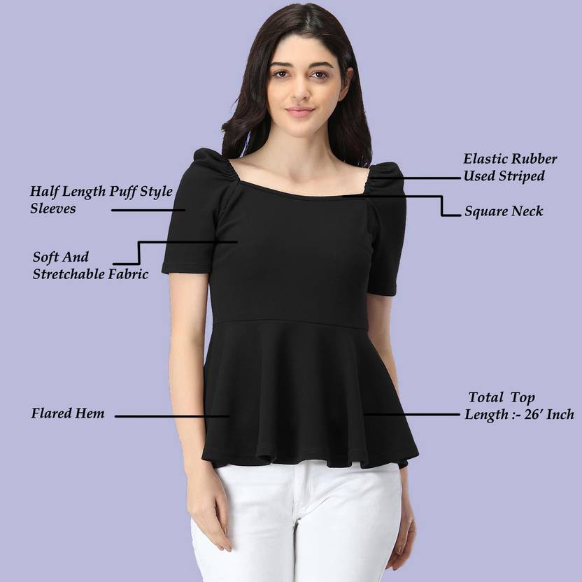 Casual Puff Sleeves Solid Women Black Top