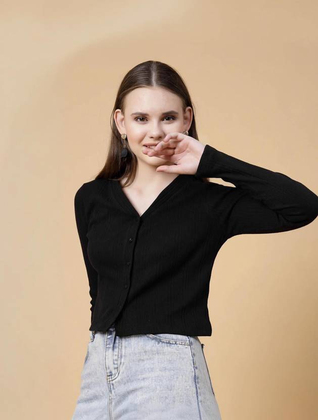 RIGO Casual Regular Sleeves Solid Women Black Top