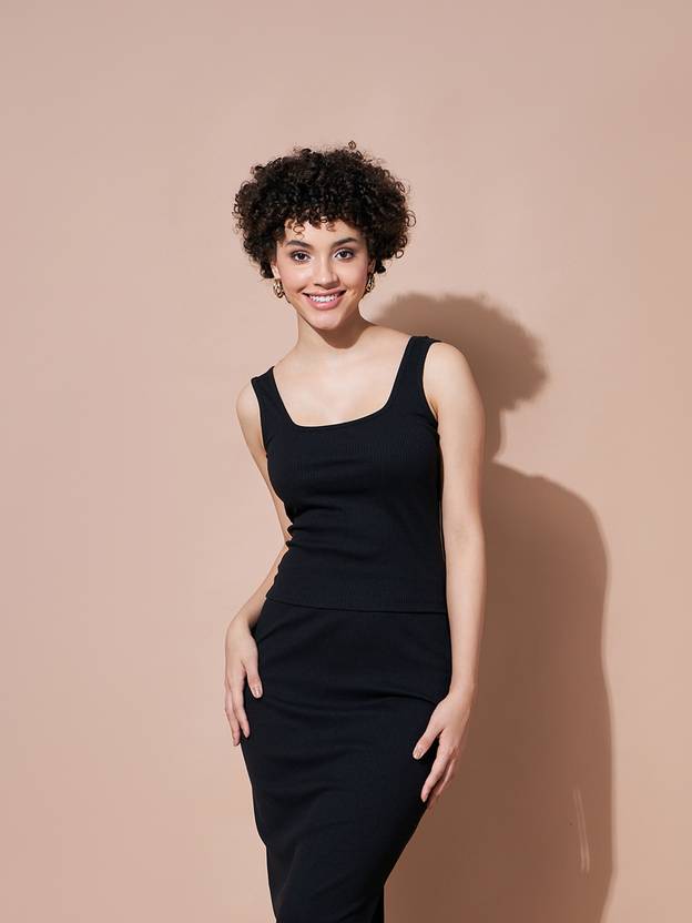 SASSAFRAS Casual Sleeveless Solid Women Black Top