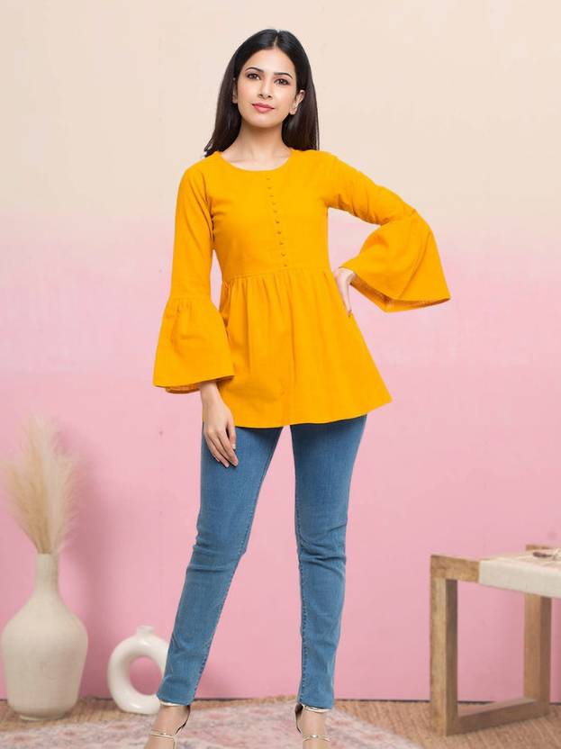 Adhisa Party Bell Sleeves Solid Women Yellow Top