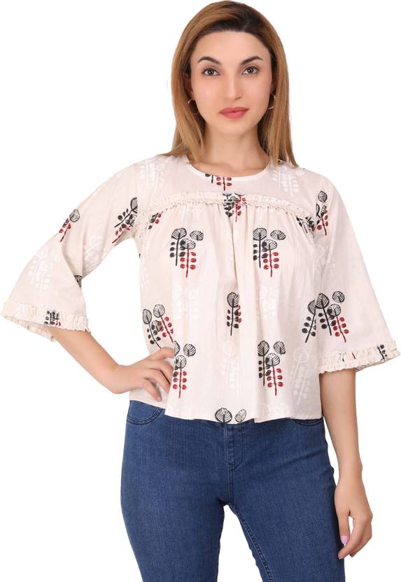 Casual Ruffled Sleeves Floral Print Women White Top