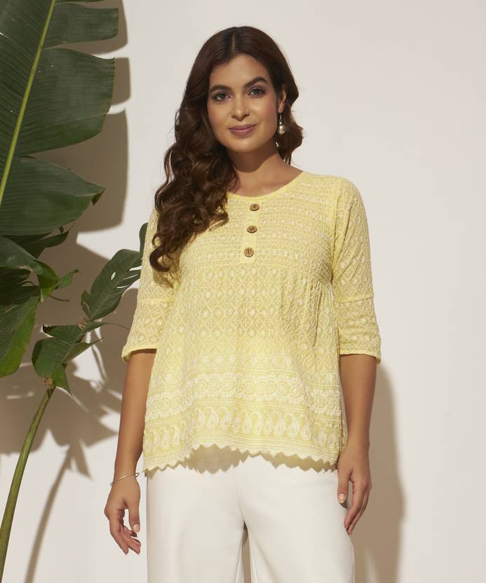 CANBLAR Casual Embroidered Women Yellow Top