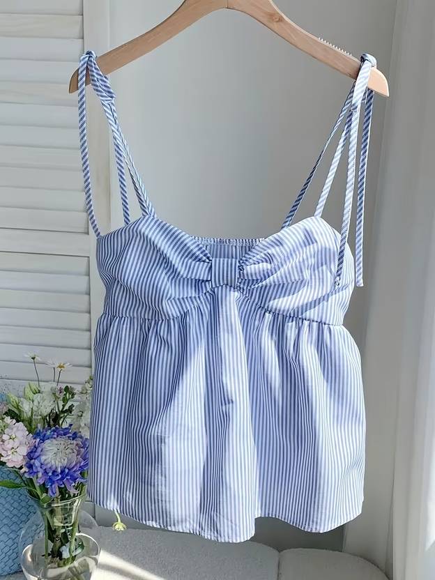 PATTZALA Party Shoulder Straps Striped Women Yellow, Black, Pink, Light Blue Top