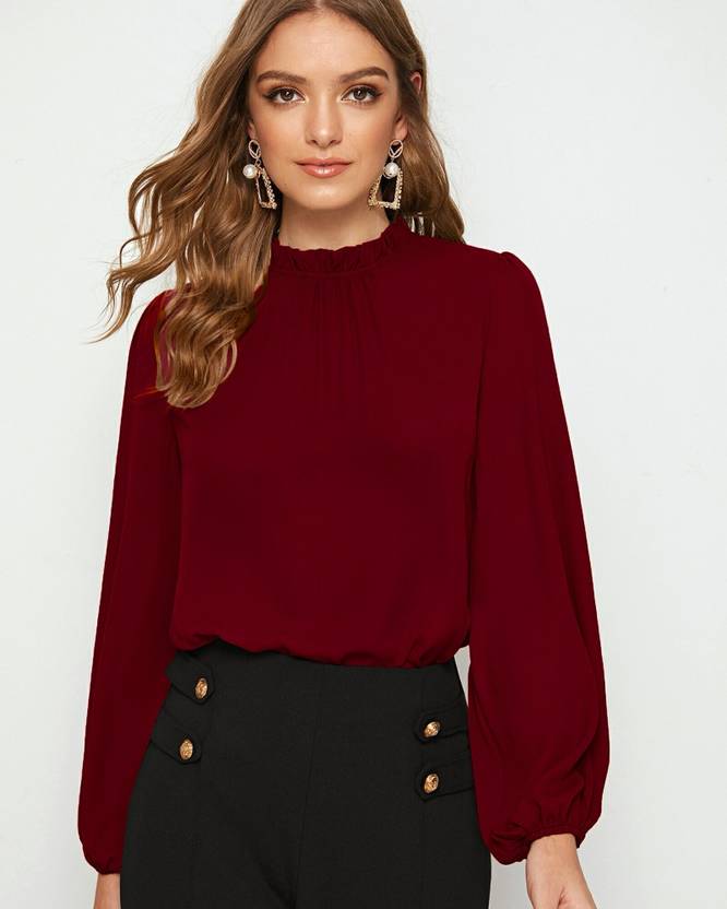 ADDYVERO Casual Bishop Sleeve Solid Women Maroon Top