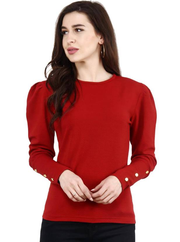 POPWINGS Casual Full Sleeve Printed Women Maroon Top
