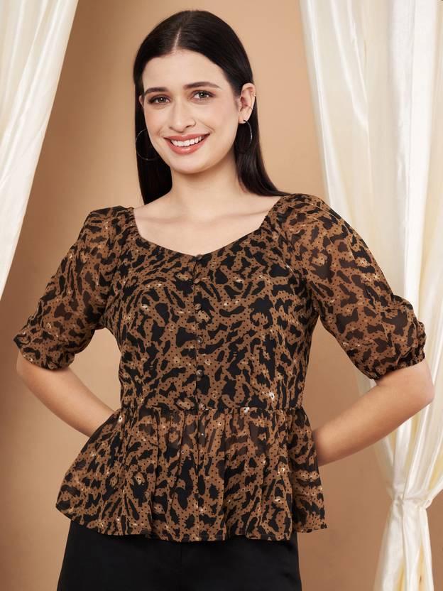 SLENOR Casual Printed Women Brown, Black Top
